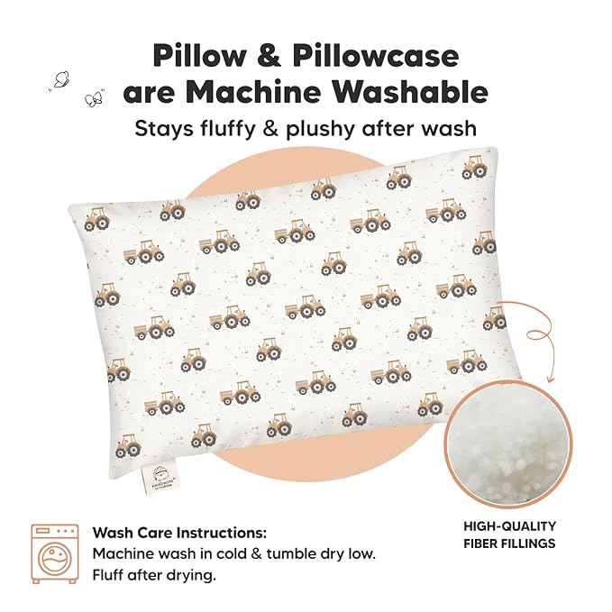 Toddler Pillow with Pillowcase - 13x18 My Little Dreamy Kids Travel Bed Pillows for Sleeping, Organic Cotton Small Pillowcase, Soft & Breathable, Machine Washable, Toddlers 2-5 years old (Tractor)
