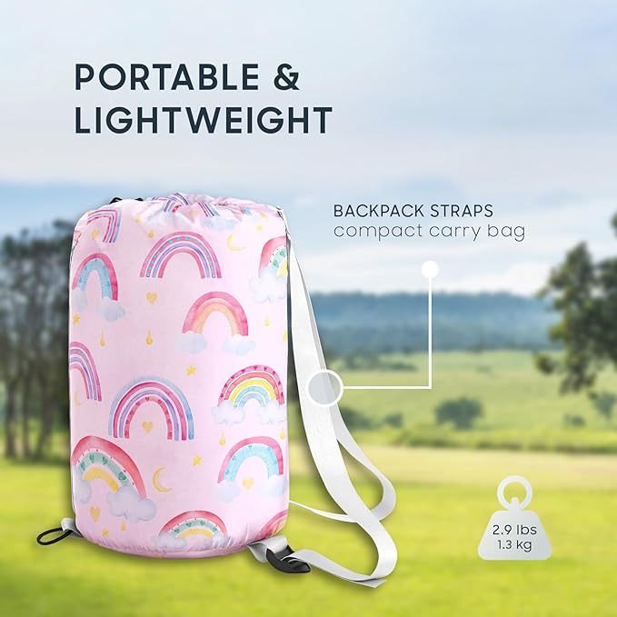 Wake In Cloud - Kids Sleeping Bag for Girls Toddlers, Camping in Warm Cold Weather, Backpacking Lightweight Compact Outdoor Liner for 3 Seasons, Rainbow Clouds