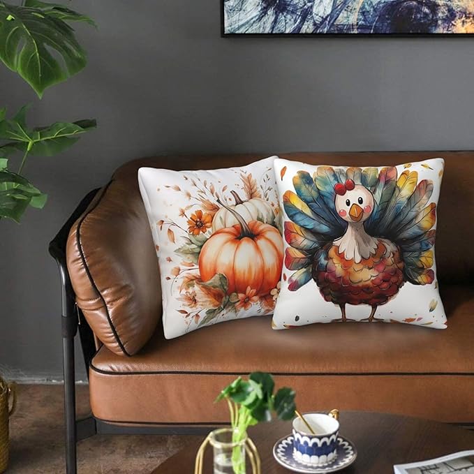 Turkey Thanksgiving Day Throw Pillow Covers 18x18 inch Set of 2 Pumpkin Pillow Case Cushion Cover for Home Sofa Couch Living Room Car Decor