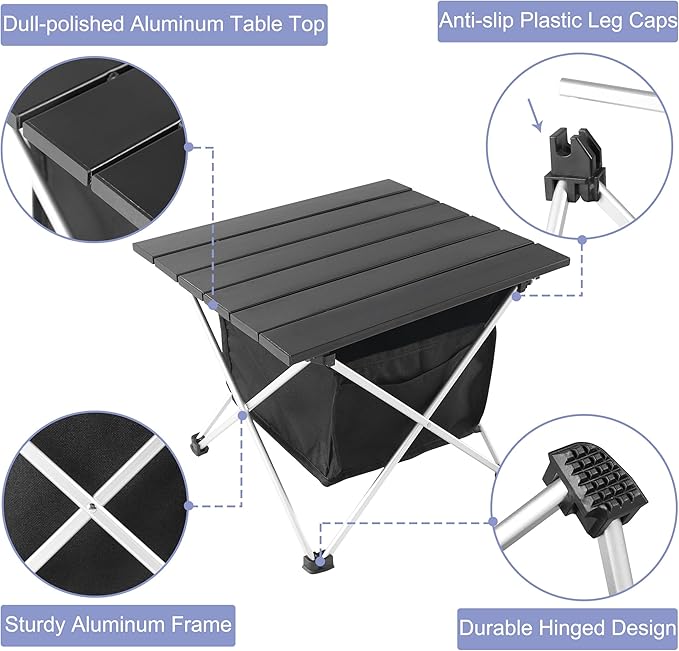 Grope Portable Camping Table Ultralight Aluminum Camp Table with Storage Bag,Beach Table for Sand with Carrying Bag,Prefect for Outdoor,Picnic,BBQ,Cooking,Festival (Black with Storage Bag-M)