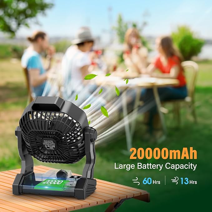 JINLICTE 20000mAh Solar Fan with LED Lantern, Camping Fan with 7W Solar Panel, Rechargeable Powered for Outside, Quiet Battery Operated Tent Fan for Picnic, Barbecue, Fishing, Travel