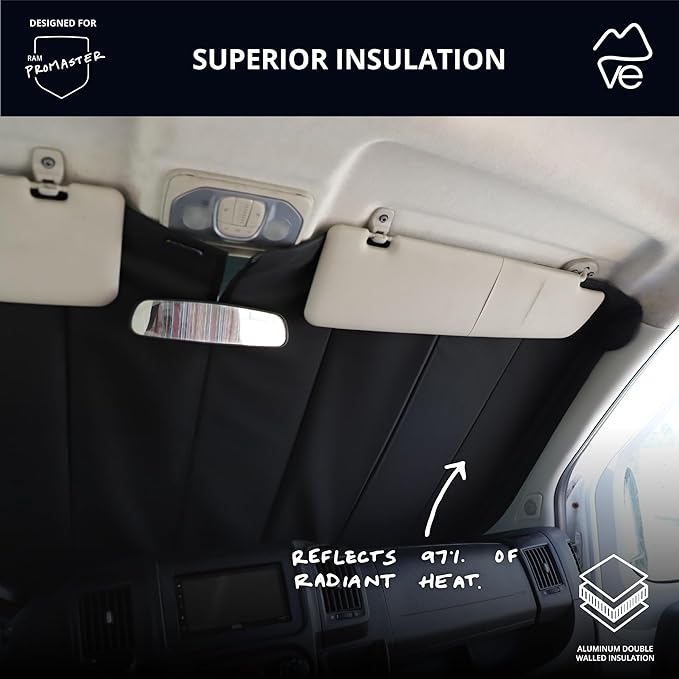 VanEssential Insulated Reflective Blackout Front Windshield Cover Designed for RAM Promaster Van Years 2014 to Current Model - Black Reflective