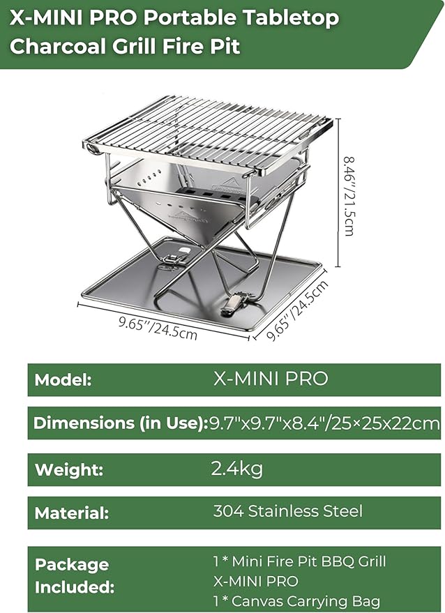 CAMPINGMOON X-MINI PRO Portable Charcoal Grill 9.65 Inch Stainless Steel Tabletop Grill Fire Pit 3 Level Adjustable Height Grill for Camping Outdoor Cooking Barbecue Carry Bag