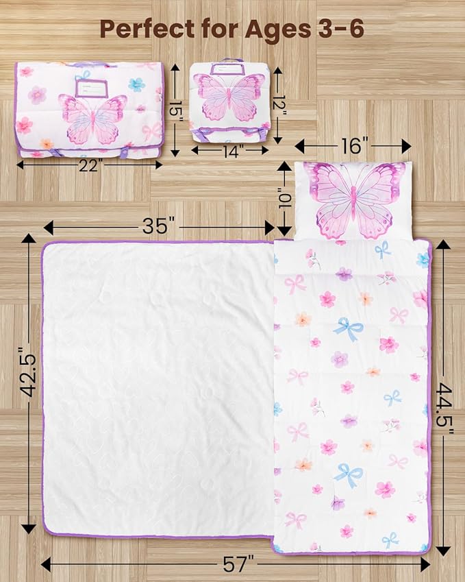 Primlect Toddler Nap Mat with Removable Pillow and Flannel Blanket, Portable Sleep Bag for Kids, Easy to Roll up, Washable, Perfect for Daycare, Preschool, Boys and Girls, 3-6 Years