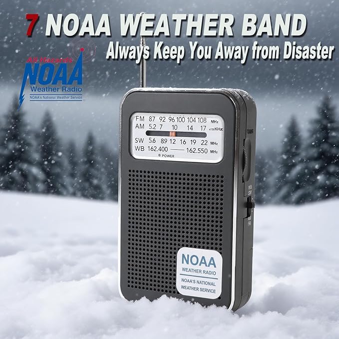 4 Bands AM FM SW NOAA Weather Radio, Portable Pocket Radio with Earphone Jack & Speaker, Rechargeable & Battery Powered, Compact Emergency Radio for Hurricane Home Outdoor Walking