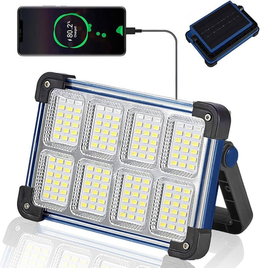 120W Solar Rechargeable Work Light, 144 LED Portable Flood Light with Stand, IP66 Waterproof 4 Modes LED Job Site Lighting Flashlights for Mechanic Camping Fishing Car Repair(Blue 1 Pack)