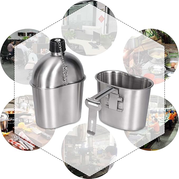 Goetland Stainless Steel WWII US Army Canteen Water Bottle Military Canteen Kit 1QT with 0.5QT Cup Nylon Pouch G.I.