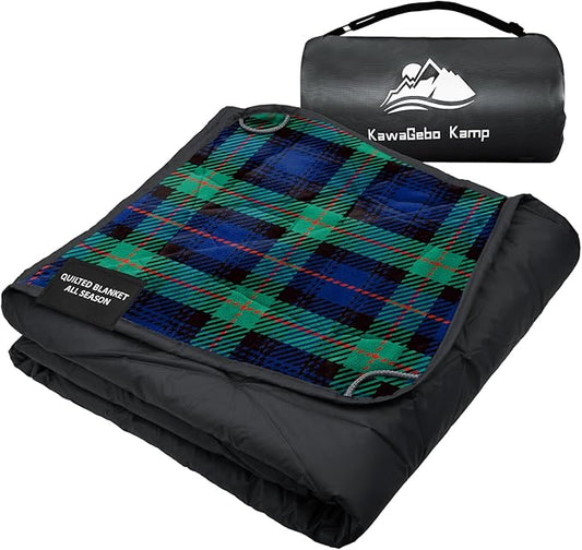 Large Outdoor Waterproof Blanket Extra Thick Fleece Stadium Blanket for Camping, Car, Pet, Picnics - Windproof, Wearable, Machine Washable 80" x 58" (Green Check)