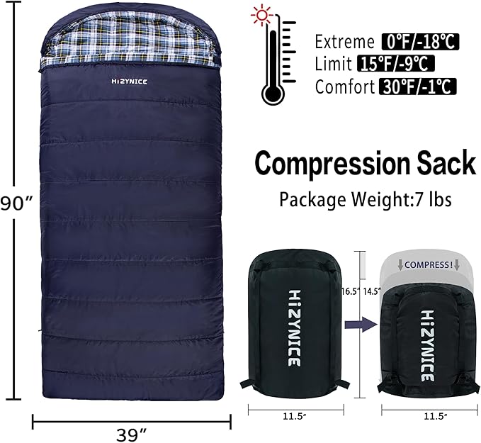 HiZYNICE Cold Weather Sleeping Bag 100% Cotton Flannel XXL for Adults Big and Tall,Free Compression Sack