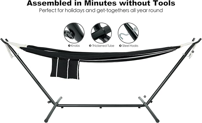 GAFETE Double Hammock with Stand for Outside, Upgraded Spreader Bar, Heavy Duty Space Saving Steel Stand 2 Person, Side Pockets, Easy Assembly, 600lbs Weight Capacity, Indoor & Outdoor (Darkness)