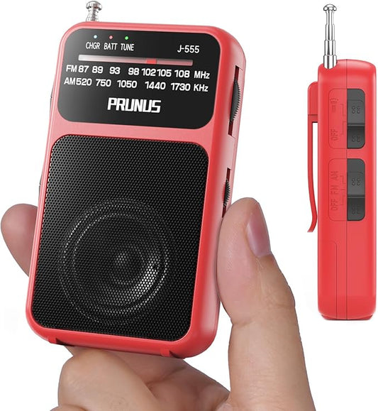 PRUNUS J-555 Pocket Radio AM FM USB-C Charging& Battery Operated, Excellent Reception& Clear Speaker and Headphone Jack, Back Clip, Flashlight, Transistor Radios, Portable Radio AM FM, Mini Radios