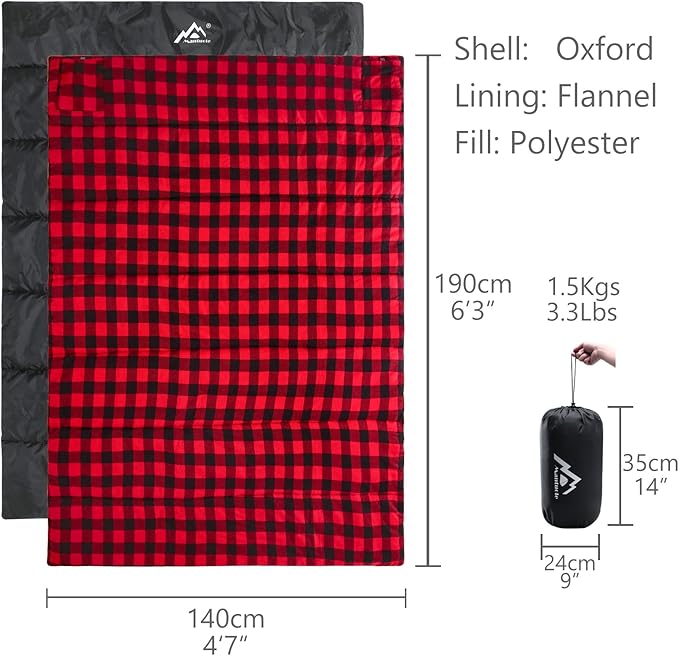 Heated Sleeping Bag pad, Operated by 5V/2A USB Power Supply (Battery NOT Included). Black & Red Flannel.