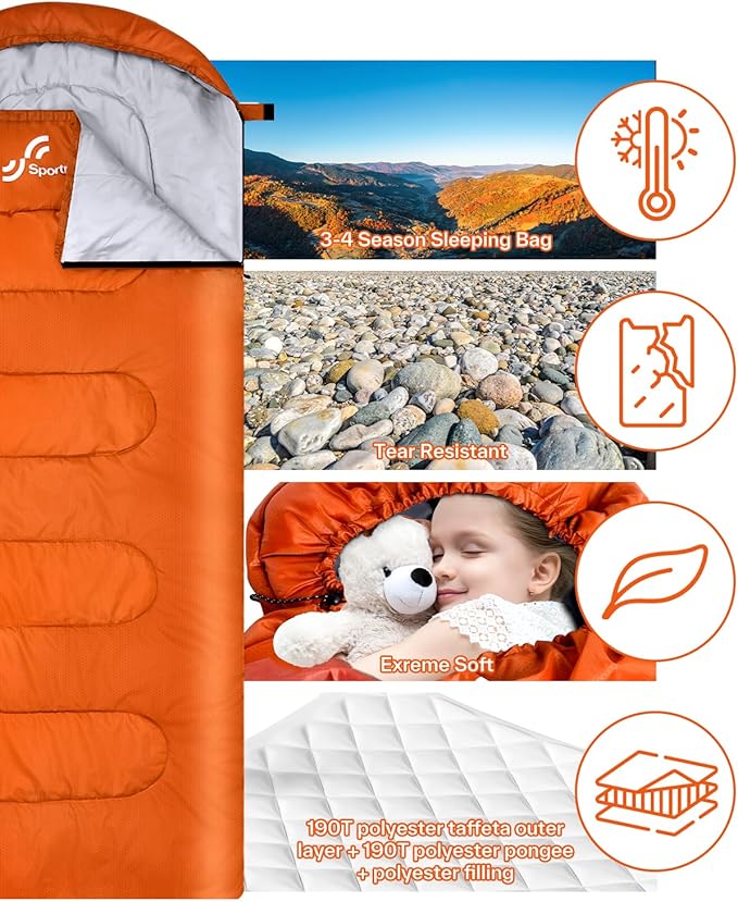 Sportneer Sleeping Bag, 3 Seasons Warm Cold Weather Sleeping Bags for Adults Kids Boys Girls with Compression Sack- Lightweight Camping Essentials Gear Accessories, Backpacking, Hiking