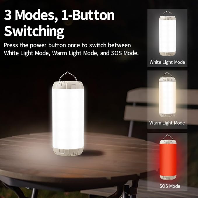 Rechargeable Camping Lantern, 1200 Lumens Ultra Bright Portable LED Lantern, Up to 80 Hours Runtime, IP68 Waterproof, 3 Light Modes + SOS Emergency Light for Power Outages, Hiking, Hurricane
