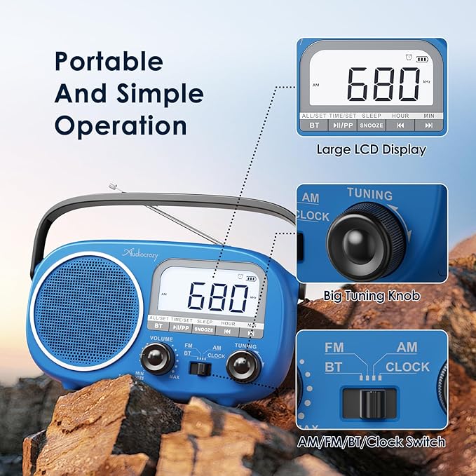 Portable AM FM Rechargeable Radio with Best Reception, Digital Time/Station Display,AC Power or Battery Power Radio with Bluetooth Speaker for Home/Kitchen/Outdoor (Cobalt Blue)