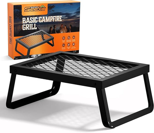 Adventure Seeka Folding Campfire Grill – Portable Over-Fire Grill with Food-Safe Coating, Heavy Duty Steel, Compact with Folding Legs - Camping, RV, Overlanding, Fire Pits