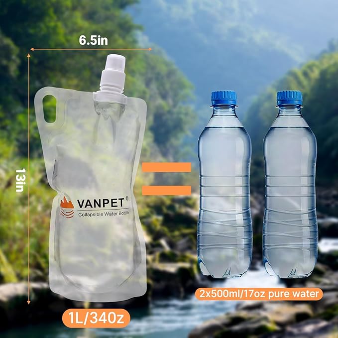 VANPET 1L Hiking Collapsible Water Bottles, 33OZ BPA-Free Plastic Flasks, Reusable Drink Bags, Foldable Backpacking Water Bottle for Travel Camping Hiking (2-Pack)