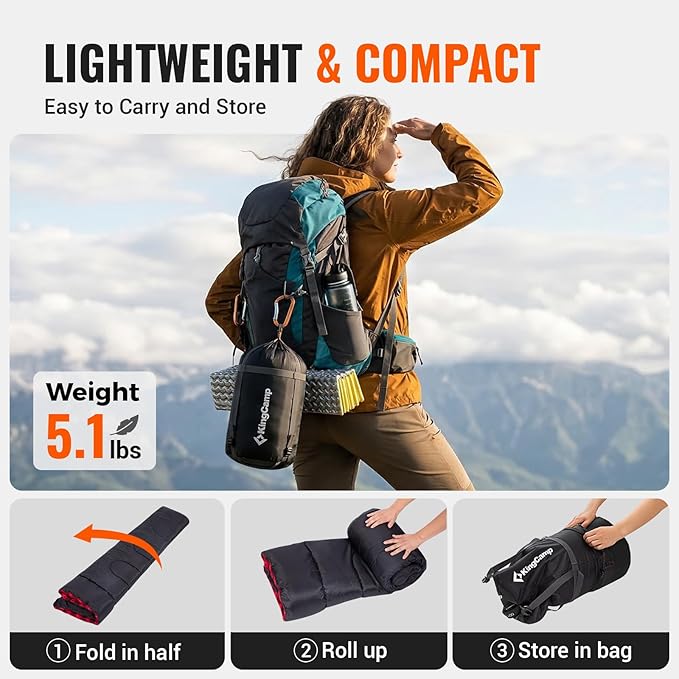 KingCamp Sleeping Bag for Adults, Cold Weather & Warm XL Big and Tall Flannel Sleeping Bags with Compression Sack Portable Waterproof Essentials Gear Accessories for Outdoor Camping