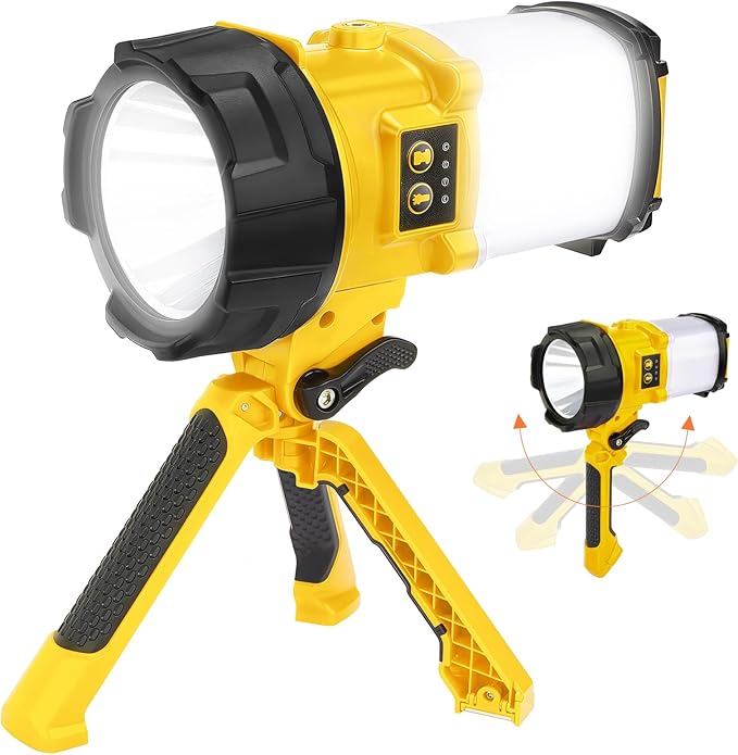 BOBKID Tripod Rechargeable Camping Lantern, 6 Modes LED Flashlight Handheld Spotlight with 4000LM, IPX4 Waterproof Searchlight Work Light for Emergency Hiking Survival Kit - Yellow