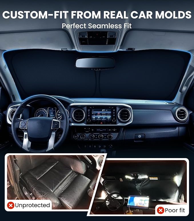 Zanch Custom Windshield Sun Shade forToyota Tacoma 2016-2026, 7-Layer Heavy-Duty UV & Heat Block Protection, 3D Laser Scanned Instant Cooling, Foldable Truck Accessories