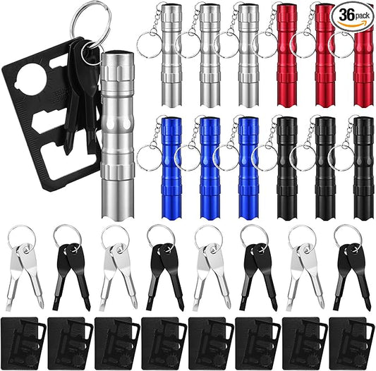 Glooglitter 36 Pcs Men Small Gifts Bulk Mini Screwdriver Flashlight Keychain Set Multitool Credit Card Survival Tool Employee Coworkers Fathers Gifts for Men Dad Husband, No Batteries Included