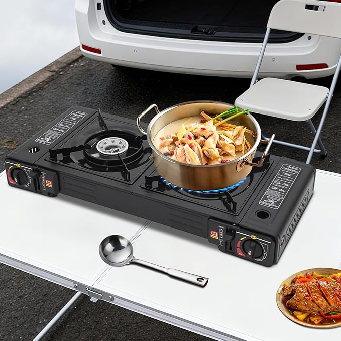 Portable Camping Stove｜24,000 BTU Dual Burner Gas Grill w/Removable Case｜Compact 24.8" Outdoor Cooker for RV Tailgating｜Stainless Steel 2-Burner Propane Stove