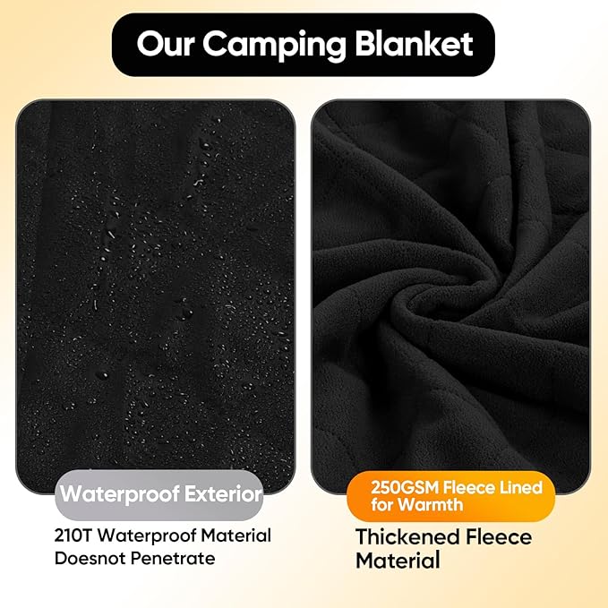 Waterproof Camping Blanket w/Fleece Lining, Large Stadium Blankets for Outdoor Cold Weather, Windproof Emergency Throw, LightWeight and Warm for Hiking, Dog, Picnic, Washable, 55”X 82” (Black, 1PCS)