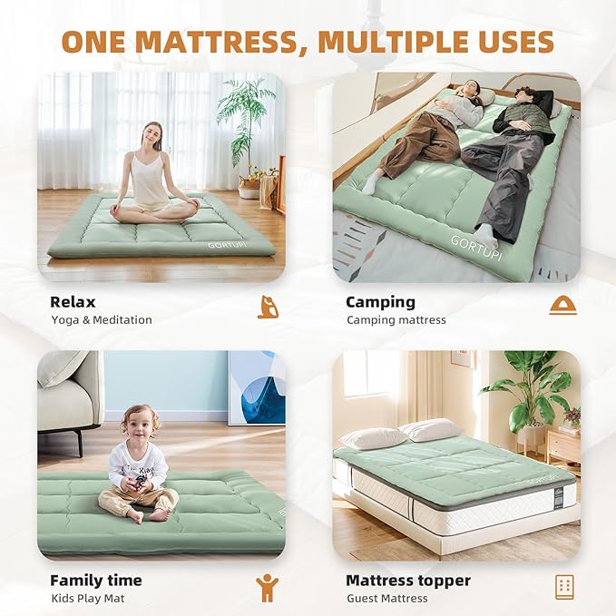 Japanese Floor Futon Queen Foldable Futon Mattress for Floor Tatami Mattress Portable Rollaway Bed for Guest Playmat for Kids Tatami Sleeping Pad Japanese Mattress for Adults Green A