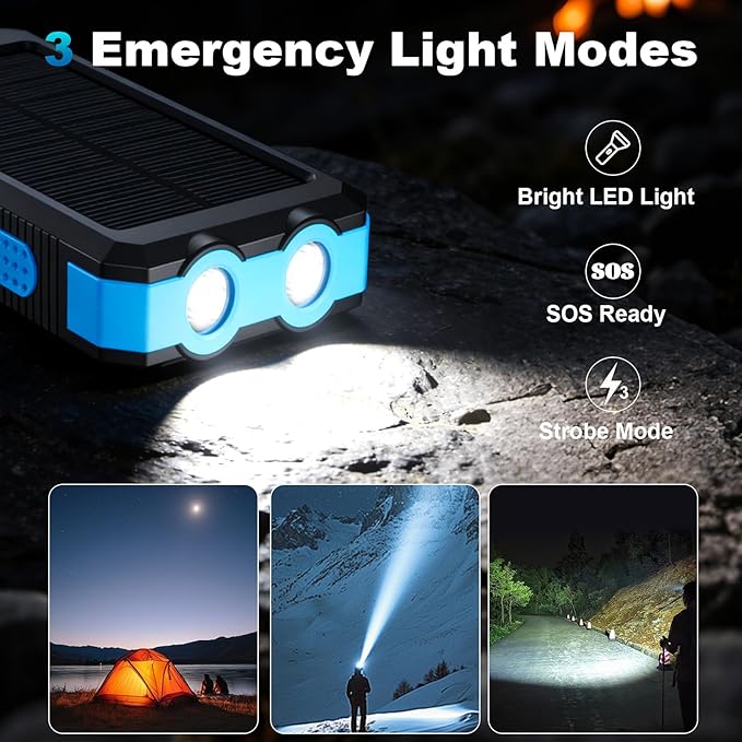Solar Charger Power Bank 20000mAh Portable Charger with 4 Built-in Cables and USB-C in/Output, Dual Emergency Flashlights, Waterproof Outdoor Battery Pack for Camping, Hiking, Travel, and Storm Prep