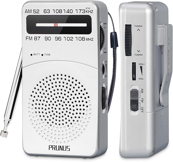 PRUNUS J-166 Portable Radio AM FM, Gifts for Dad and Mom, Battery Operated Radio with Tuning Light, Back Clip, Excellent Reception, AM FM Radios Portable, Transistor Radios