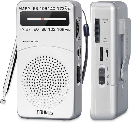 PRUNUS J-166 Portable Radio AM FM, Gifts for Dad and Mom, Battery Operated Radio with Tuning Light, Back Clip, Excellent Reception, AM FM Radios Portable, Transistor Radios