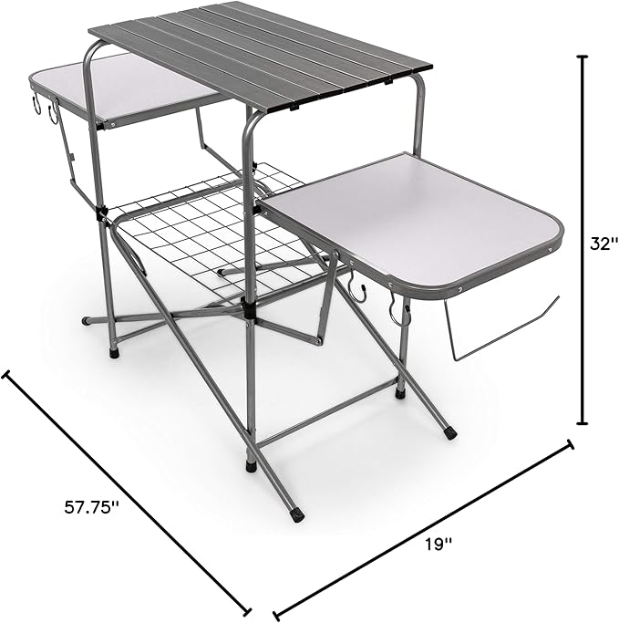 Camco Olympian Deluxe Portable Grill Table - Provides Plenty of Room for Grilling Gear While Camping - Folding Grilling Table Collapses for Compact Storage - Supports Up to 100lb (57293)