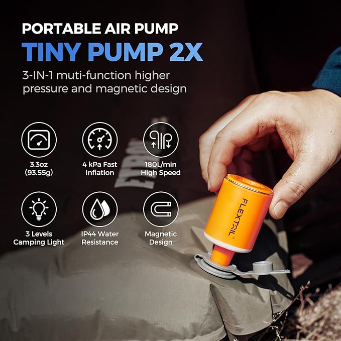 FLEXTAILGEAR Air Pump for Inflatables with Camping Lantern, Tiny Pump 2X, 4kPa Portable Air Pump Rechargeable Air Mattress Pump with Magnetic Design, for Sleeping Pads Pool Floats Swimming Rings
