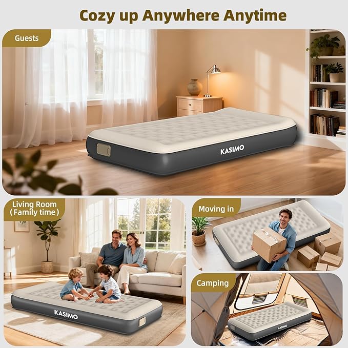 KASIMO Air Mattress Twin with Built-in Battery Powered Removable Pump, TPU Blow Up Mattress with Pillow, Strong Support All Night,No Lost Air, Compact Inflatable Air Bed for Home Guests Camping