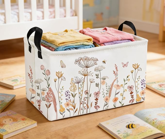Essme Rectangular Flower Basket,Kids Storage Bins Organizer with Handles for Girls Room Decor, Gift Basket,Shelf Basket.(Beautiful Flowers)
