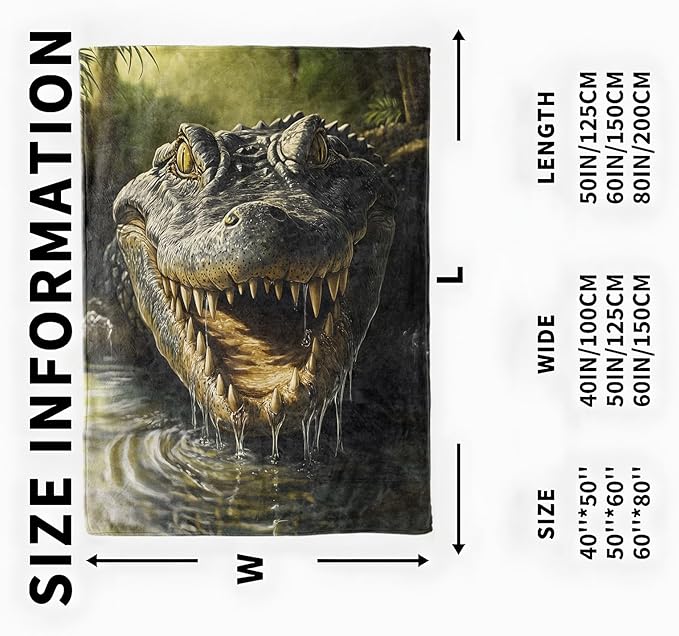 Fierce Crocodile Blanket, Cozy Flannel Realistic Jungle Wildlife Blankets, All Season Soft Throw for Travel Home Decor, Lightweight Sofa Bed Throws, Gifts for Men Boys Animal Lovers, 50"×60"