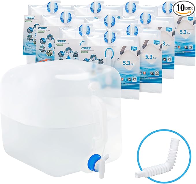 Collapsible Water Storage Container, 10×5.3 Gallon BPA Free Portable Camping Water Jug with Spigot and Vent, Long-term Water Storage Carrier for Outdoors Hiking Backpack & Emergency Survival Kit