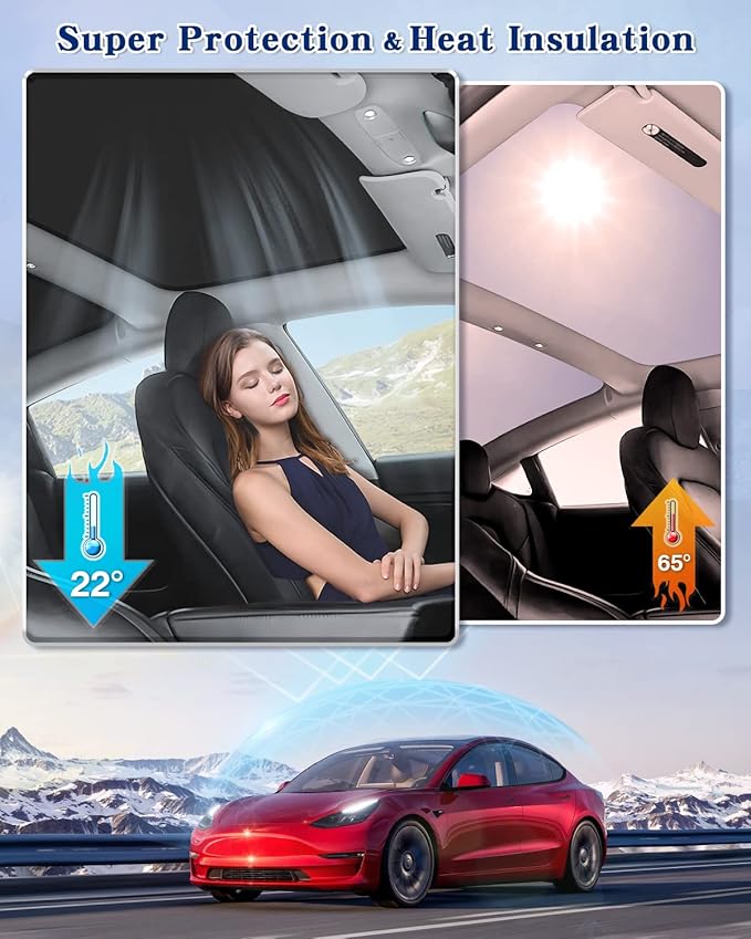 Black Sunshade Roof for Tesla Model 3 2018-2023/ Model 3 Highland 2024-2026 Accessories Roof Sun Shade, Sun Protection Heat Insulation No Gap Keep Cool UV Ray Protection, Easy to Install