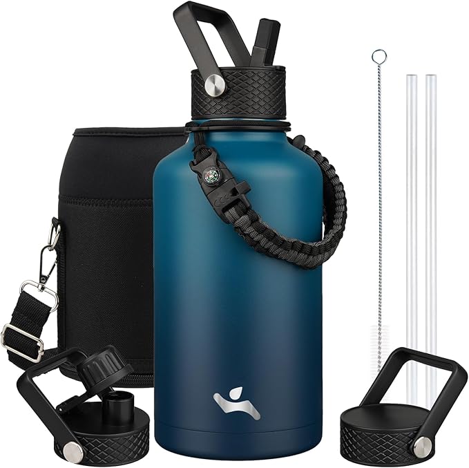 Konokyo Half Gallon Insulated Water Bottle with Straw,64 oz 3 Lids Water Jug with Carrying Bag,Paracord Handle,Double Wall Vacuum Stainless Steel Metal Flask,Indigo Black