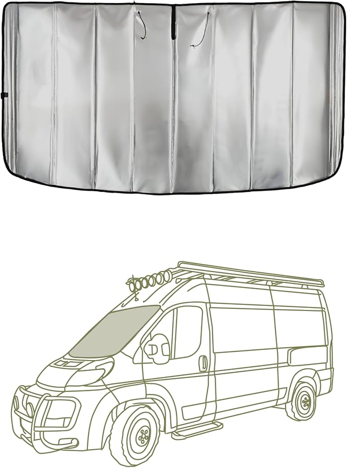 VanEssential Insulated Reflective Blackout Front Windshield Cover Designed for RAM Promaster Van Years 2014 to Current Model - Charcoal Gray Reflective