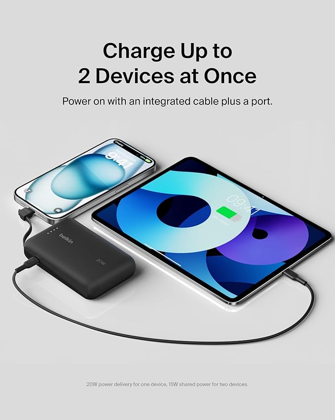 Belkin Portable Charger Power Bank USB C, 10000 mAh w/Integrated Cable, 20W Fast Charge USB-C Power Delivery, iPhone Charger, Apple iPhone 17, Air, Pro, Pro Max, iPad, Samsung Galaxy S25 - Black