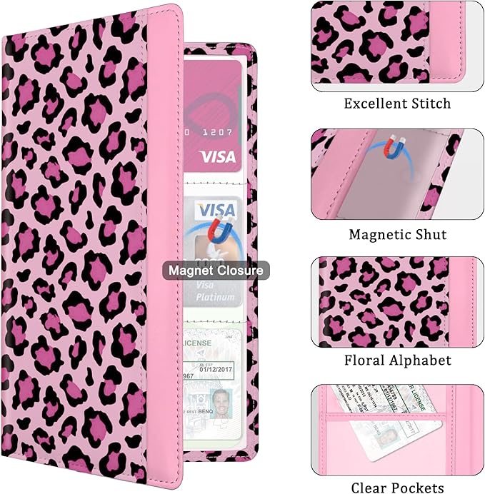 Car Registration and Insurance Holder, with Magnetic Closure for License, Cards and Documents, All Vehicle Needs and Car Accessories (Leopard-Pink)