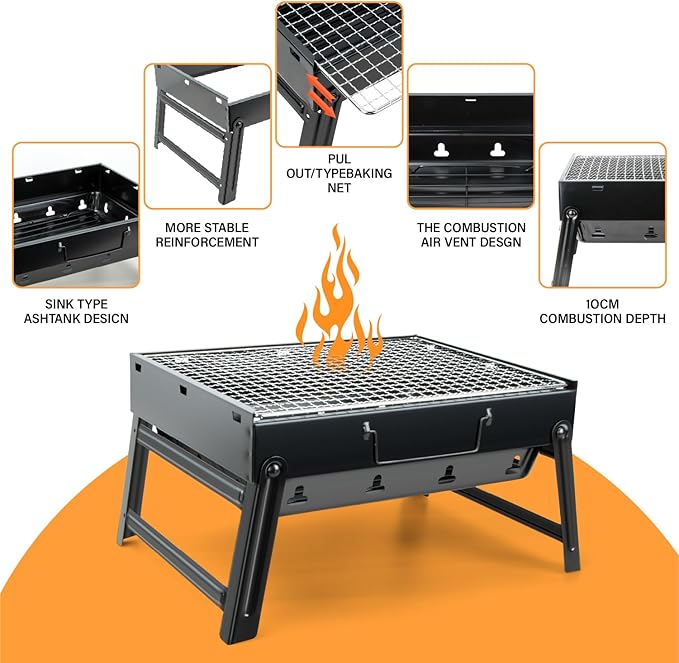 Kizmyee BBQ Barbecue Grill, Portable Folding Charcoal Barbecue Desk Tabletop Outdoor Stainless Steel Smoker BBQ for Picnic Garden Terrace Camping Travel