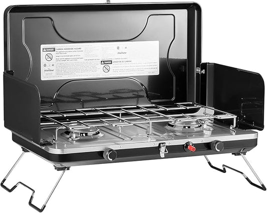 FineFlame Camping Stove, 2 Burners Portable Propane camp Stove with Regulator, Integrated Igniter & Stainless Steel Drip Tray & Built-in Handle & Foldable Legs for Outdoor Cooking Travel(20000BTU)