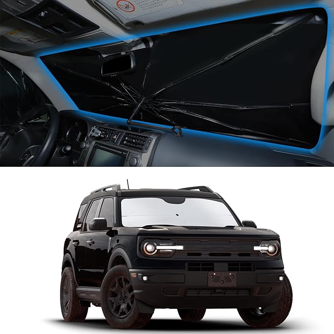 Windshield Sun Shade Umbrella Custom Fit for 2021 2022 2023 2024 2025 2026 Ford Bronco Sport Accessories Foldable Sunshade Sun Blocker Protect Car from Sun Rays & Heat Damage Keep Car Cooler