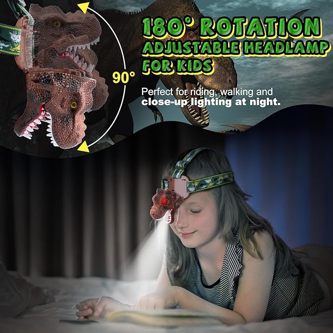 Nitigo Dinosaur Headlamp for Kids Flashlight Rechargeable Led Headlights Roar & Silent Mode, T-Rex Dinosaur Toys for Kids 3-5 4-6 5-7 6-8, Camping Gear, Easter Gifts for Boys Girls Adults