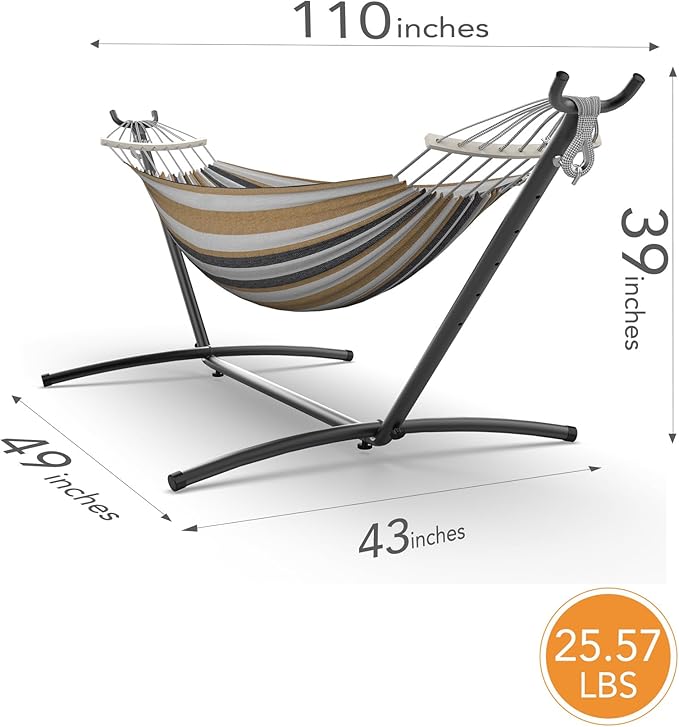 Everyfun Double Hammock with Space-Saving Steel Stand, 2 Person Heavy-Duty Hammock for Garden, Yard or Outdoor, 600lbs Capacity, Coffee