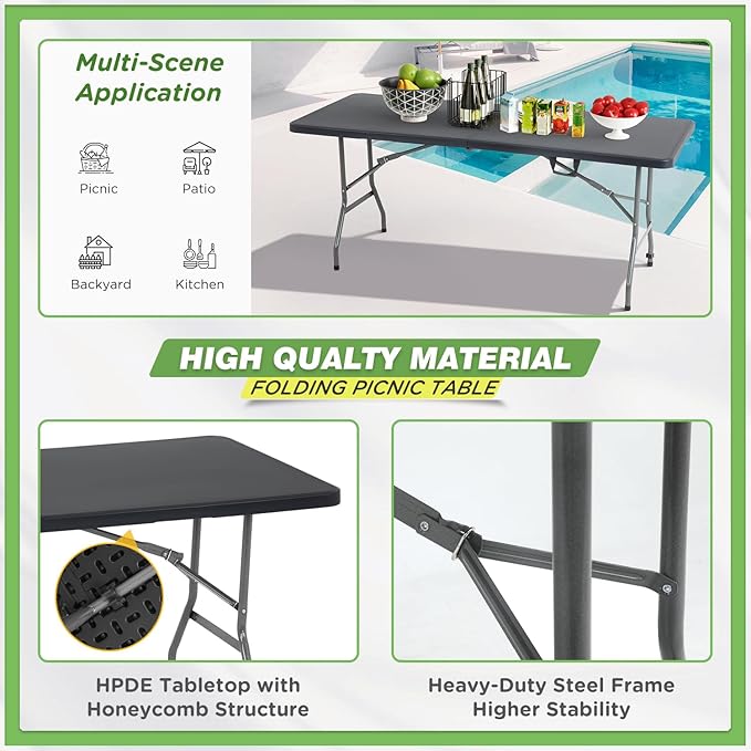 BestOffice Outdoor 6 FT Folding Camping Table Plastic Table Portable Square Height Dining Table Perfect for Picnics, Parties, Party and Camping, Black