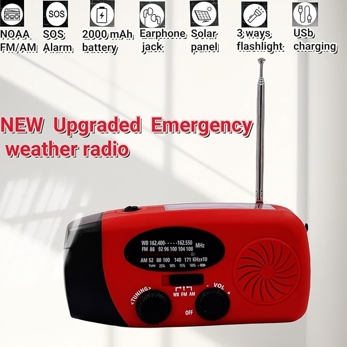 Hand Crank Emergency Weather Radio, AM FM NOAA Solar Radio with Led Flashlight and Earphone Jack, 2000mAh Charger for Smartphone, Self Powered LED Flashlight with SOS Alarm