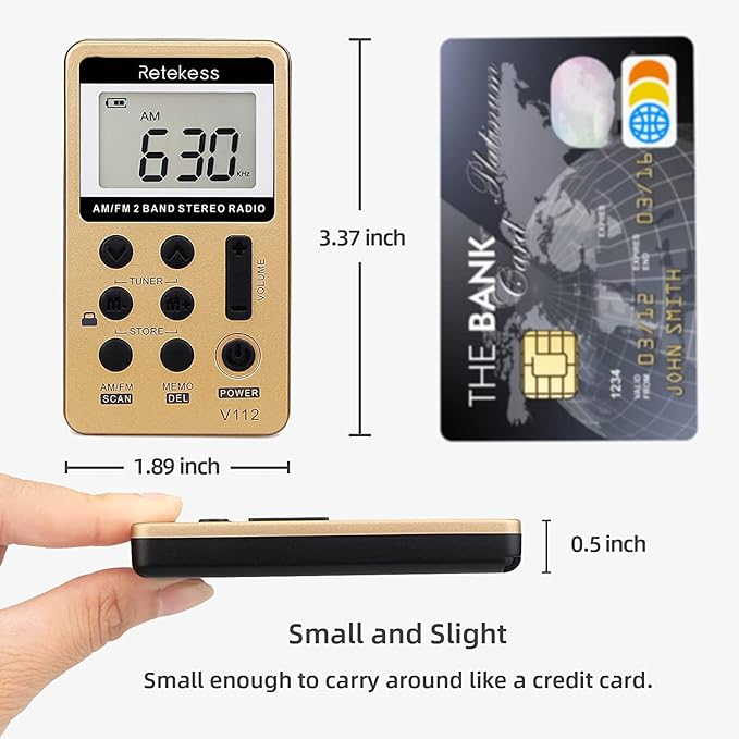 Retekess V112 AM FM Radio Portable, Mini Radio,Digital Tuning Rechargeable Battery LCD Display for Walking Jogging(Gold)